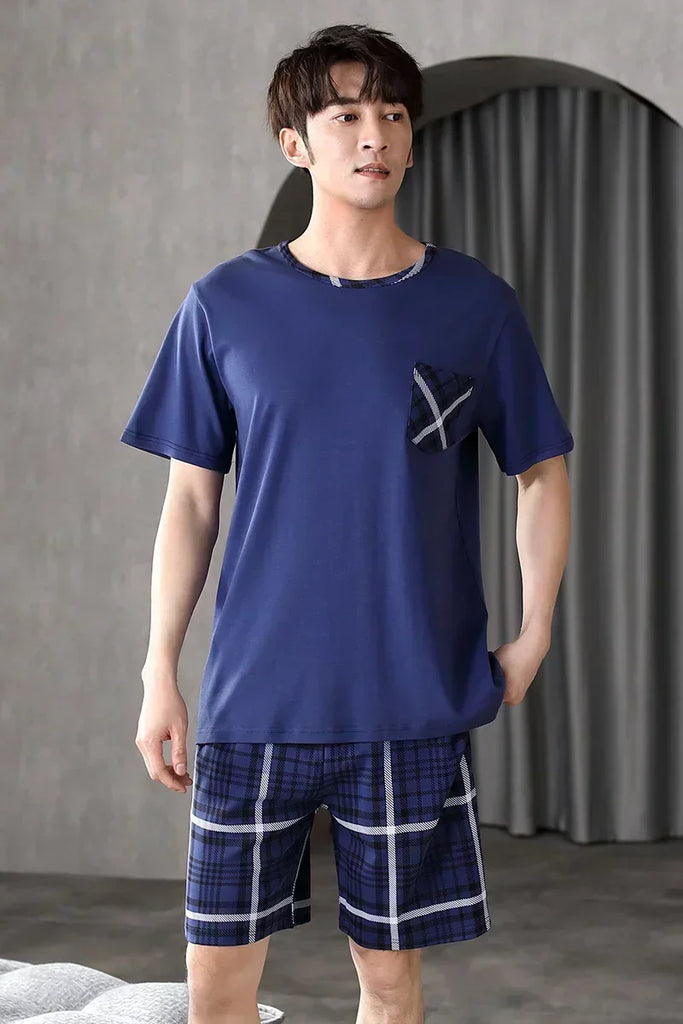 Sleepwear Set for Man Summer 2023 New Knitted Cotton Lounge Wear V Neck Leisure Home Suit Plus Size 4xl Two Piece Pajama Set Men