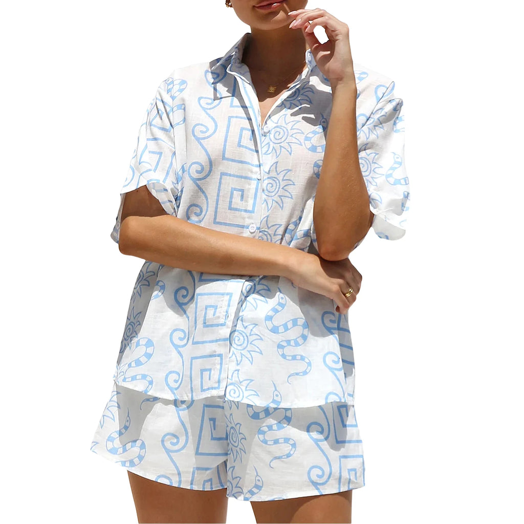 Women’s Casual 2 Piece Short Sets Fashion Printed Short Sleeve Button Up Lapel Shirt Tops + Shorts Set Summer Outfits Beachwear