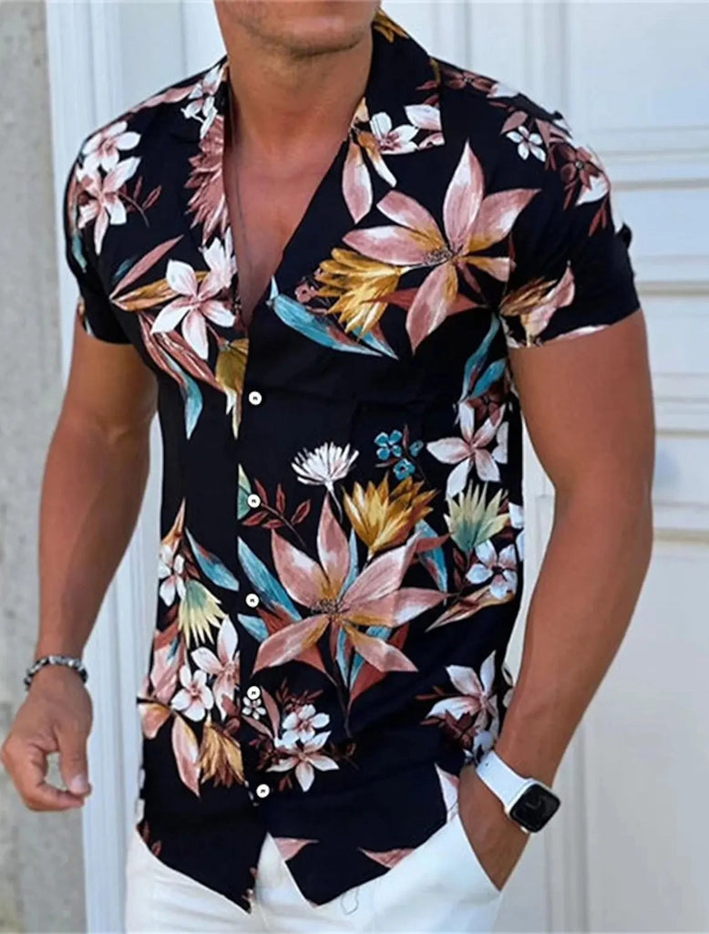 Men's New Flower Shirt Street Fashion Mature Men's Tops Maple Leaf Print Pattern Hawaiian Shirt Short Sleeve Casual Comfortable