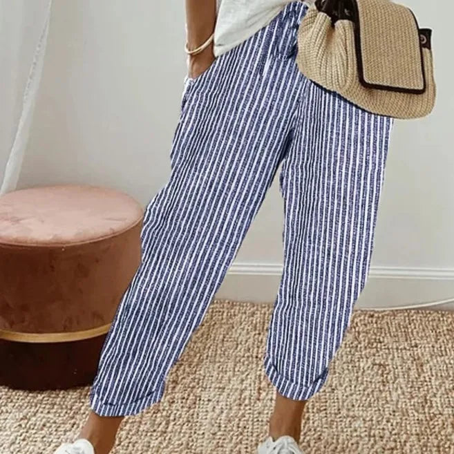 Summer Women Stripe Vintage Ruffles Pants Fashion Printed Trousers Casual Party Fashion Loose Strip Pocket Pant 2024 Bottoms