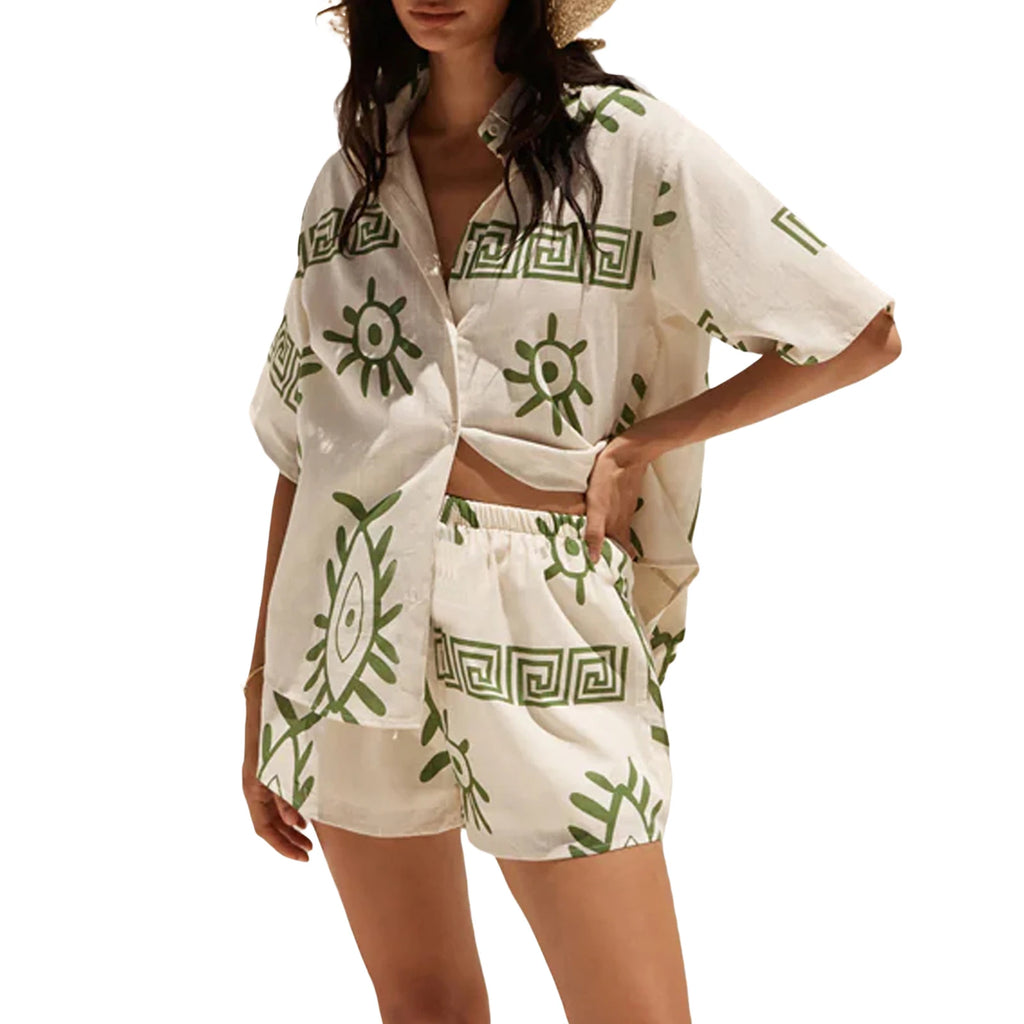 Women’s Casual 2 Piece Short Sets Fashion Printed Short Sleeve Button Up Lapel Shirt Tops + Shorts Set Summer Outfits Beachwear