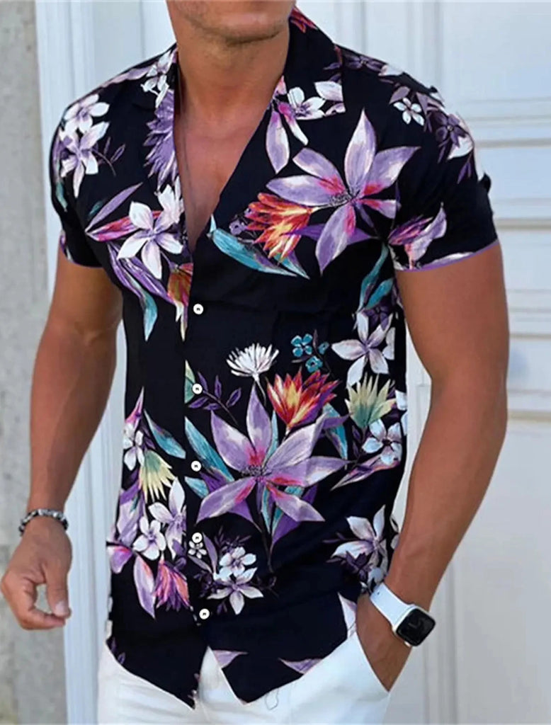 Men's New Flower Shirt Street Fashion Mature Men's Tops Maple Leaf Print Pattern Hawaiian Shirt Short Sleeve Casual Comfortable