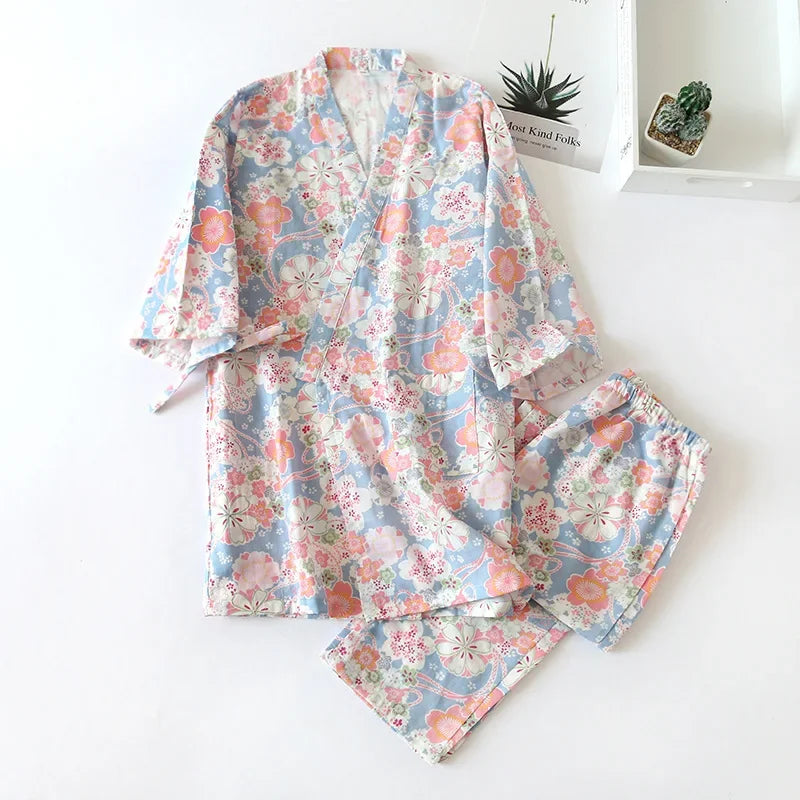 2024 new seven-sleeve Japanese-style kimono pajamas set female spring and autumn 100% cotton gauze home clothes cute sweet two-p