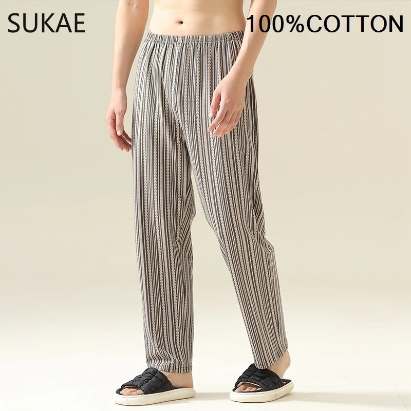 SUKAE 100% Cotton Mens Sleep Bottoms Autumn Spring Male Full Pants HQ Plaid Pj Pants for Boy Sleeping Long Lingerie for Man