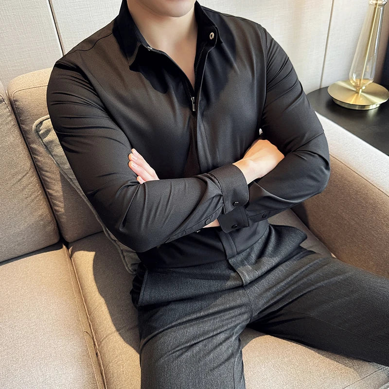 2024 England Style Shirts Men Fashion Slim Fit Long Sleeve Zipper Shirts Man Solid Color Smart Casual Male Blouse
