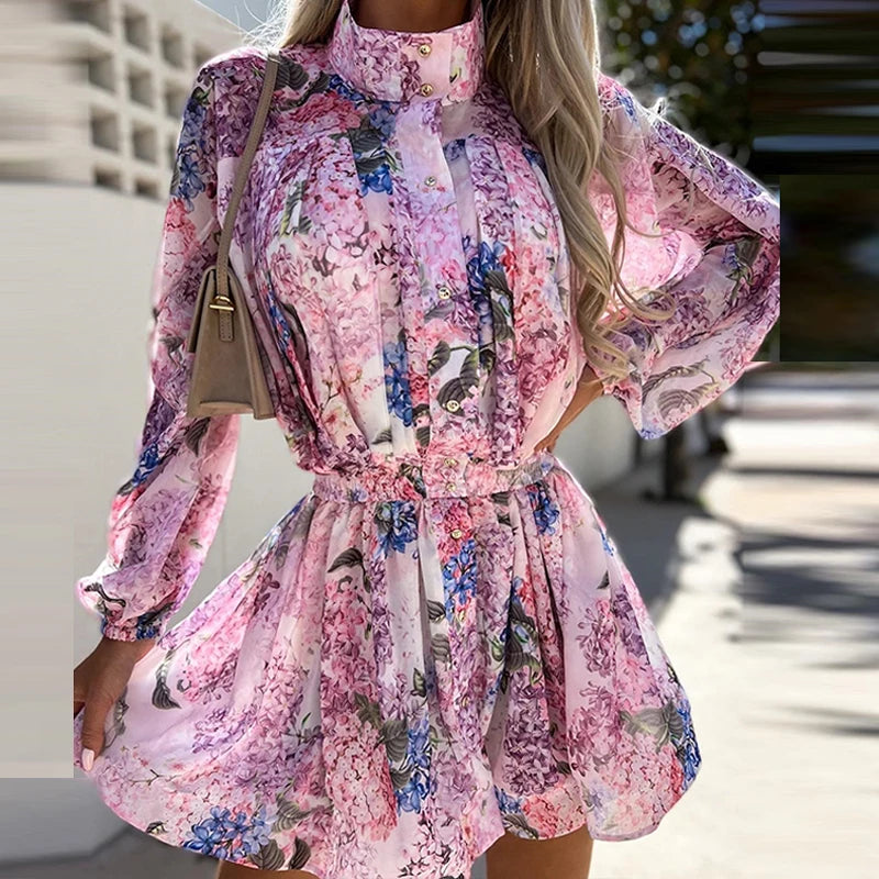 Casual Long Sleeved Beach Jumpsuit Fashion Floral Printed Chiffon Playsuits 2024 New Spring Women Turtleneck Button Waist Romper