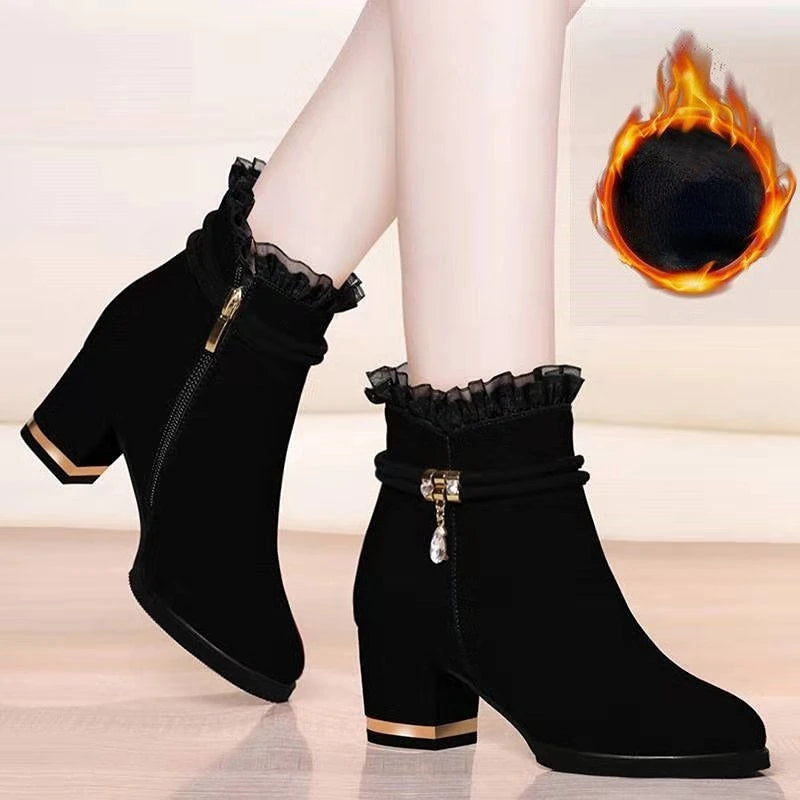 2023 New Fashion Boots Women Fur Winter Warm Pointed Ankle Boots Sexy High Heel Rhinestone Decoration Zipper Women Boots