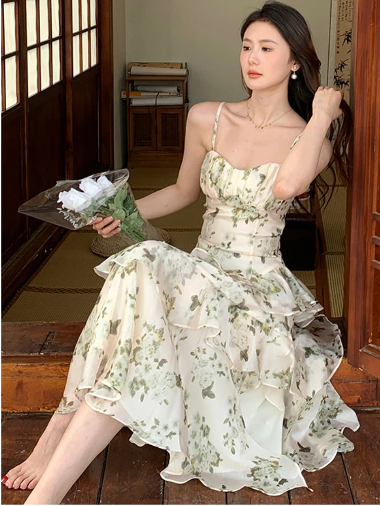 Summer Floral Chiffon Midi-dresses Women Sleeveless Spaghetti Strap Backless Ruffle Dress Elegant Casual Party Ladies Dresses