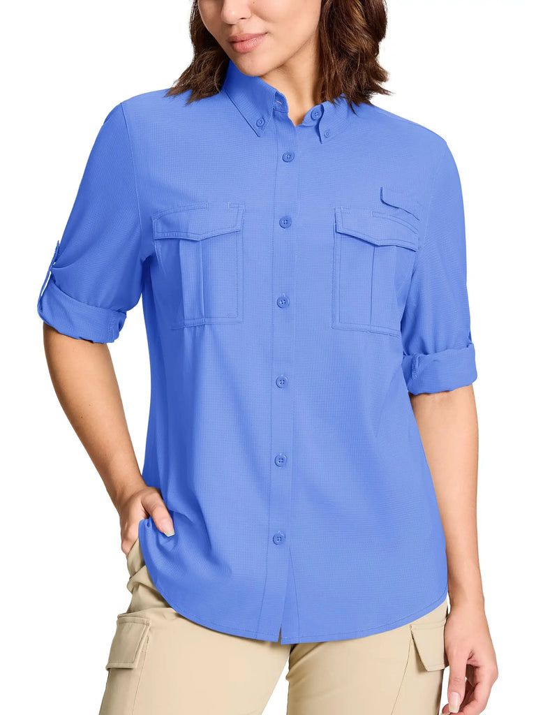 TACVASEN Quick Dry Hiking Fishing Blouse Womens Long Sleeve Button Down Outdoor Camping Shirts Breathable Sun Protection Tops