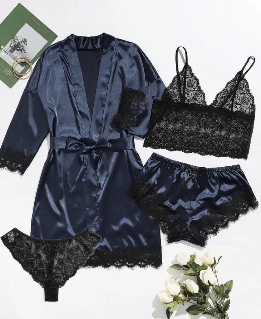 European and American women's pajamas underwear 4-piece set Lei suspender pajamas women's summer set nightgown nightgown