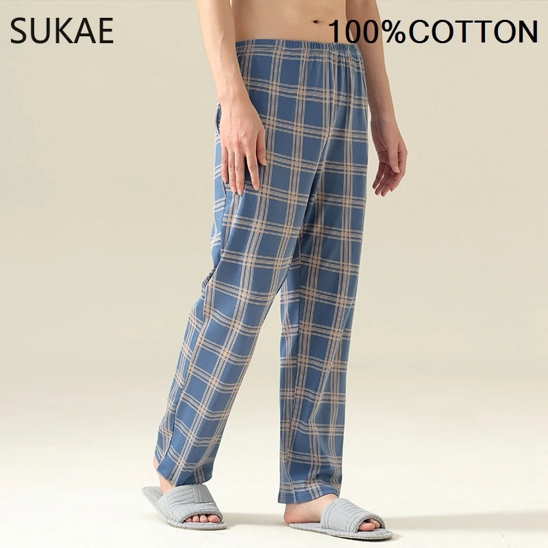 SUKAE 100% Cotton Mens Sleep Bottoms Autumn Spring Male Full Pants HQ Plaid Pj Pants for Boy Sleeping Long Lingerie for Man