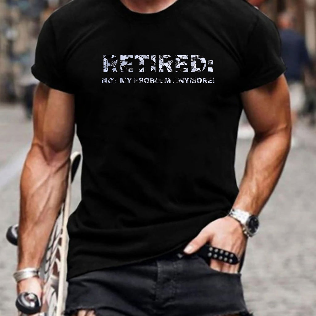 Plus Size Men's Summer T-shirt, Retired Problem Graphic Print Short Sleeve Tees, Trendy Casual Tops For Daily Life, Big & Tall