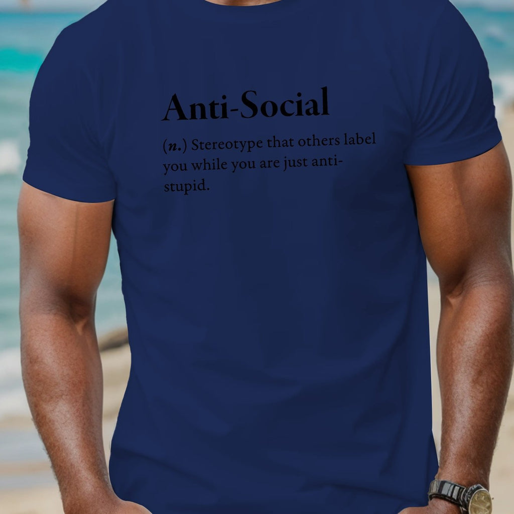 Anti Social Print, Men's Crew Neck Short Sleeve T-shirt, Stylish & Trendy & Cozy For Casual Summer Wear