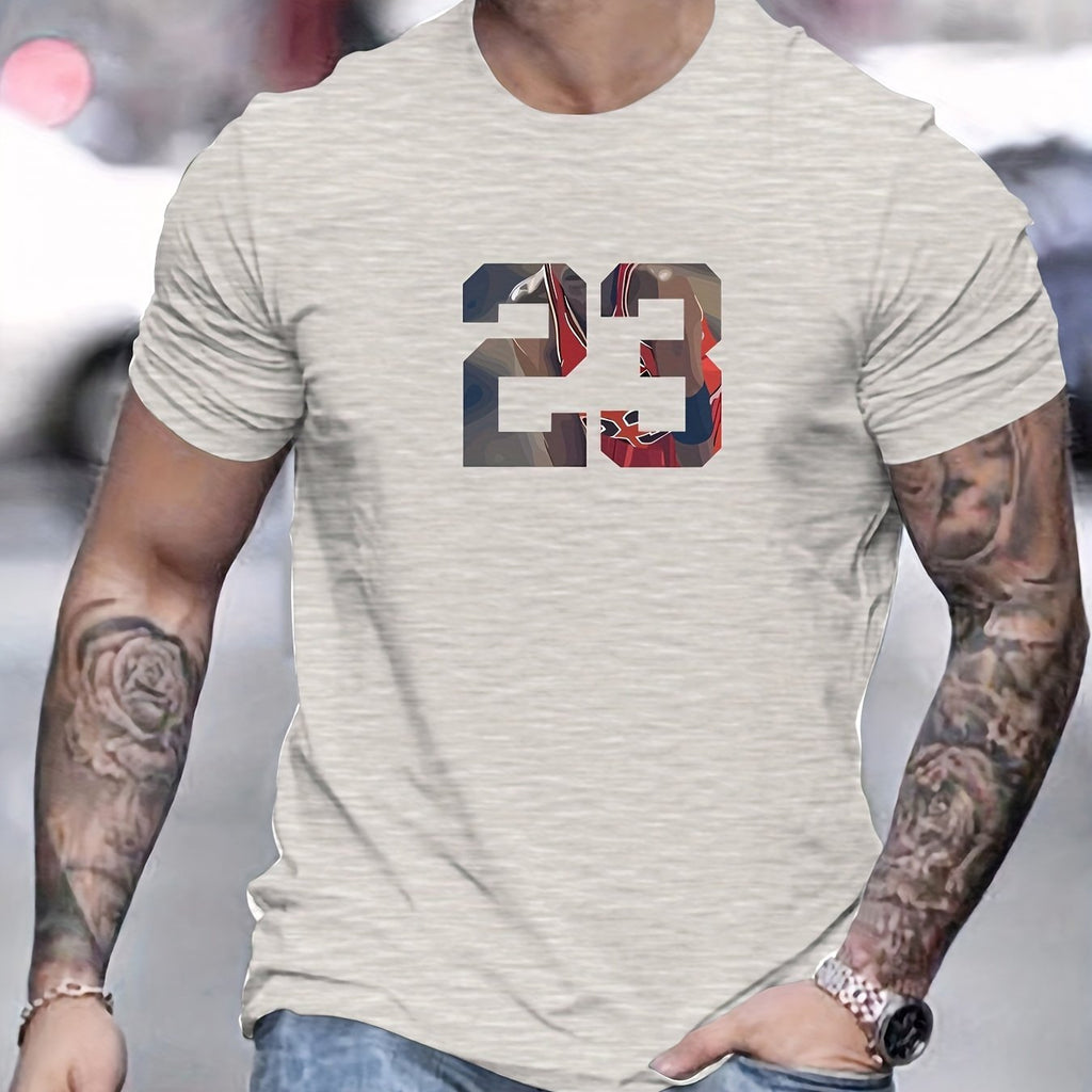 Men's Casual Crew Neck T-Shirt 100% Cotton Knit Fabric with 23 Graphic Print, Basic Solid Color, Slight Stretch, Summer Wear - Regular Fit