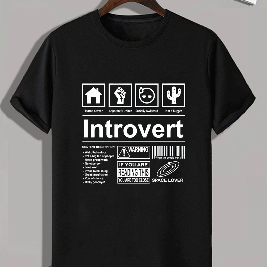 INTROVERT Creative Icons Warning Sign And Bar Code Graphic Print, Men's Crew Neck Short Sleeve T-shirt, Casual Comfy Fit Top For Summer