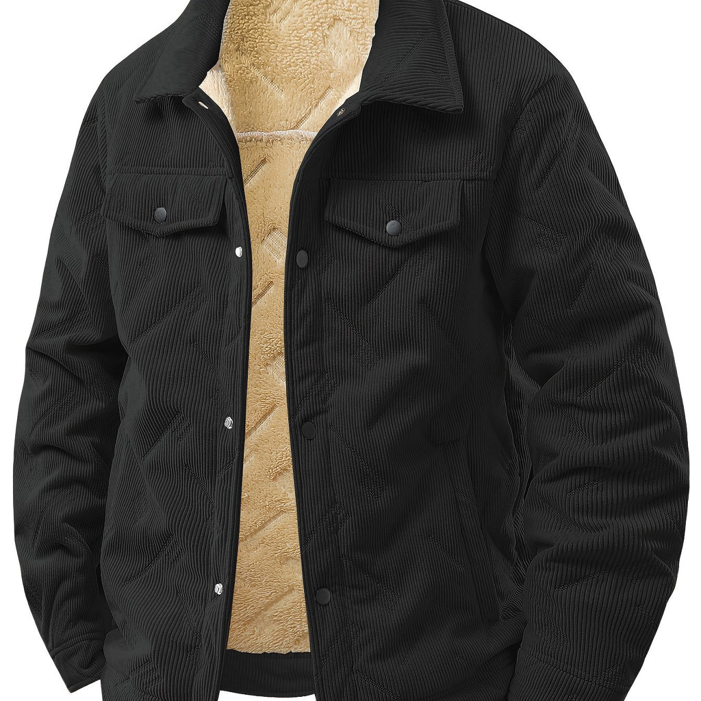 Men's Heavyweight Corduroy-Style Jacket with -Like Texture - Winter Warm Collar, Button Front & Pocket - Thick Coat for Office, Casual & Daily Commute (Hand Washable, -Filled)
