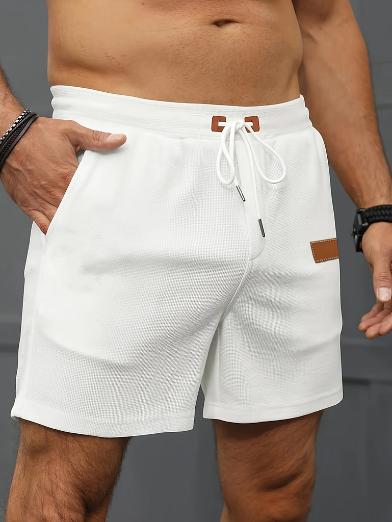 Men's Classic Solid Color Stretch Waffle-Knit Cotton Shorts with Drawstring & Pockets - Casual Summer Fashion