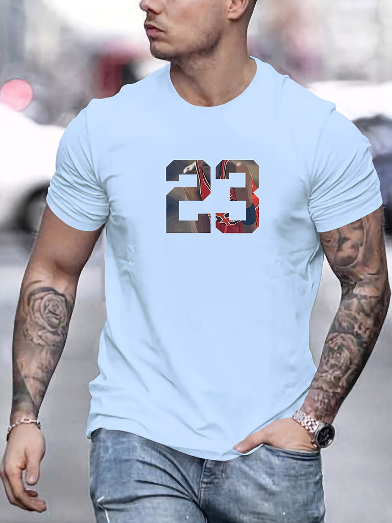 Men's Casual Crew Neck T-Shirt 100% Cotton Knit Fabric with 23 Graphic Print, Basic Solid Color, Slight Stretch, Summer Wear - Regular Fit