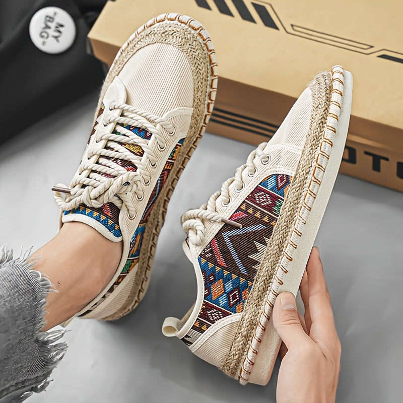 Men'S Bohemian Geometric Print Sneakers - Breathable Fabric Upper, Durable PVC Sole, Lace-Up Round Toe Design for All-Season Outdoor & Casual Wear, Hiking Shoes, Everyday Comfort Footwear, Traditional Ethnic Style, Non Slip F