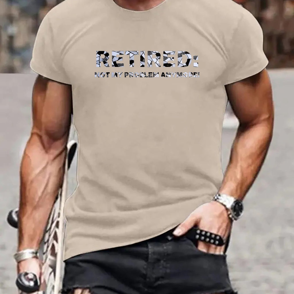Plus Size Men's Summer T-shirt, Retired Problem Graphic Print Short Sleeve Tees, Trendy Casual Tops For Daily Life, Big & Tall