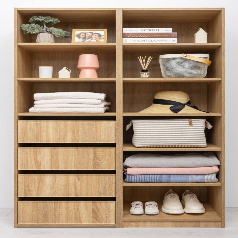 Oak Wood Slim Shaker Style Built-In Wardobe, Non-Waterproof, with Three Shelves and Four Drawers