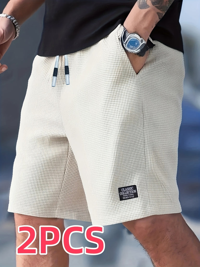 2pcs Men'S Lightweight Polyester Casual Shorts with Drawstring Waist - Breathable Textured Fabric, Pockets for Beach, Outdoor & Casual Attire - White & Beige, Regular Fit, Adjustable Comfort | Simple Design | Durable Fabric
