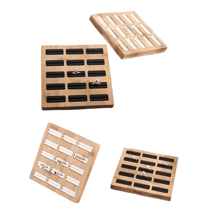 15 Grids Rings Storage Tray Jewelry Display Rack Bamboo PU/Velvet Jewelry Rings Organizer Rack Display Showcase Shelf - PEGS & HANGERS PTY LTD