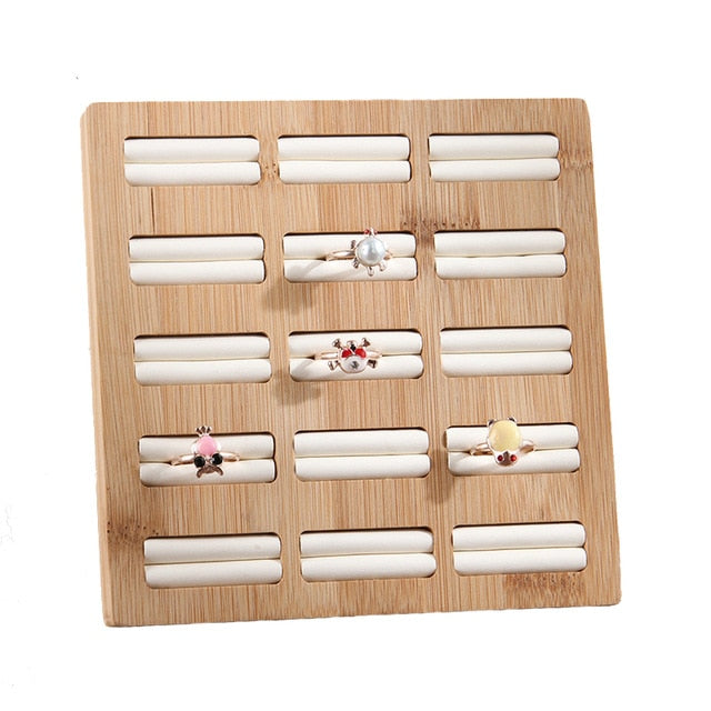 15 Grids Rings Storage Tray Jewelry Display Rack Bamboo PU/Velvet Jewelry Rings Organizer Rack Display Showcase Shelf - PEGS & HANGERS PTY LTD